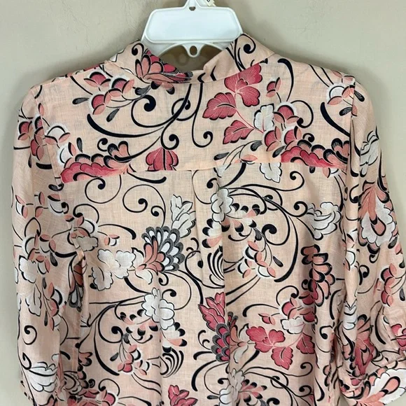 Chico’s Pink Linen Floral Print 3/4 Sleeve No Iron Shirt Top Size 00 (0/2) - Picture 4 of 14